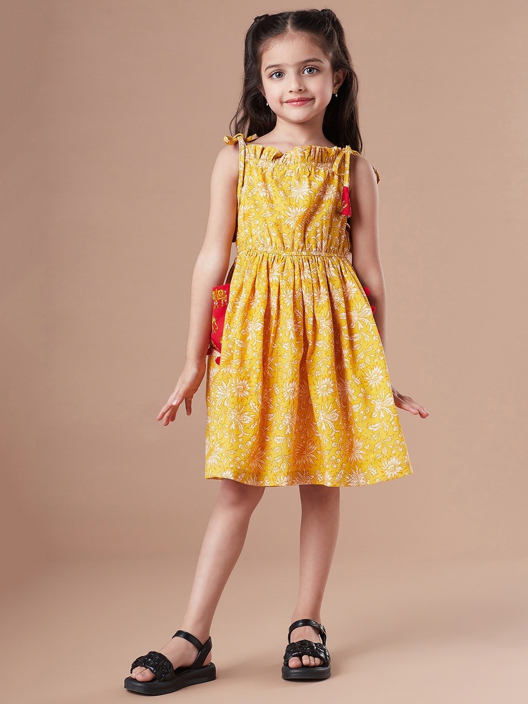 

pspeaches Girls Floral Printed Fit & Flare Cotton Dress, Mustard