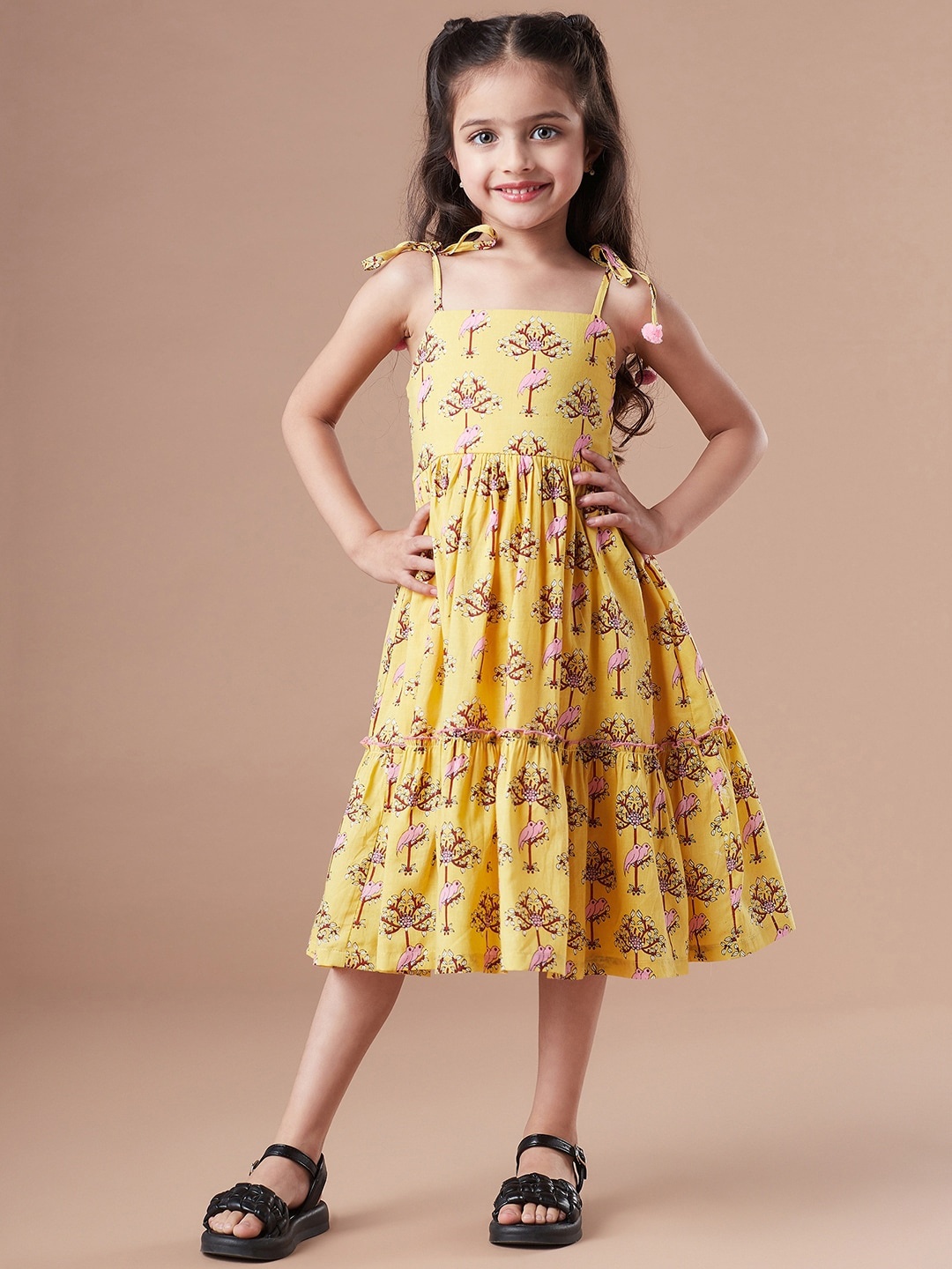 

pspeaches Girls Floral Printed Tiered Fit & Flare Midi Dress, Mustard