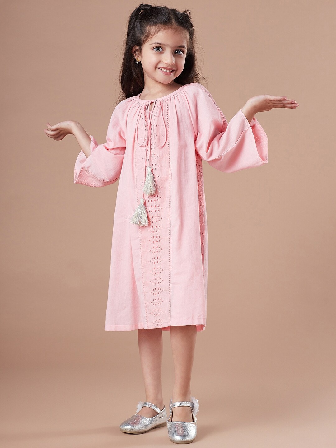 

pspeaches Girls Schiffli A-Line Cotton Midi Dress With Slip, Pink