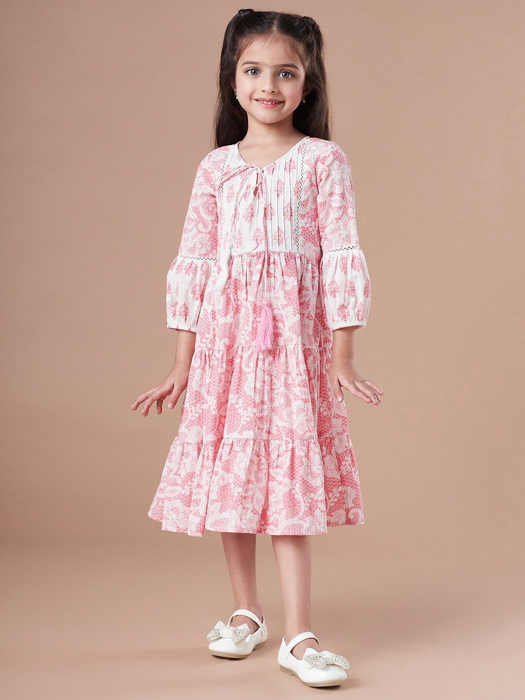 

pspeaches Girls Tiered Floral Print Tie-Up Neck A-Line Midi Cotton Dress, Pink