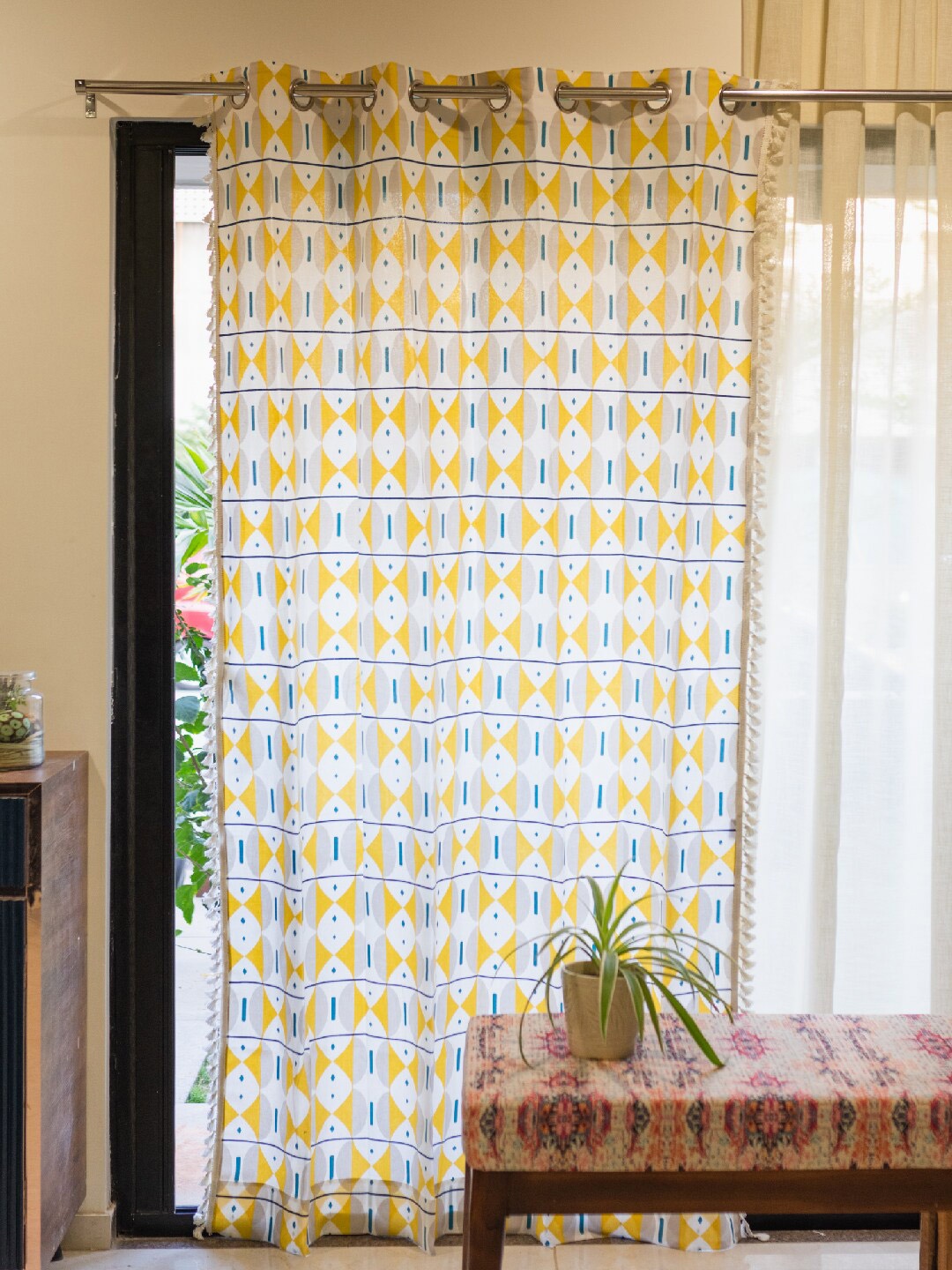 

URBAN SPACE White & Yellow Geometric Cotton Window Curtain