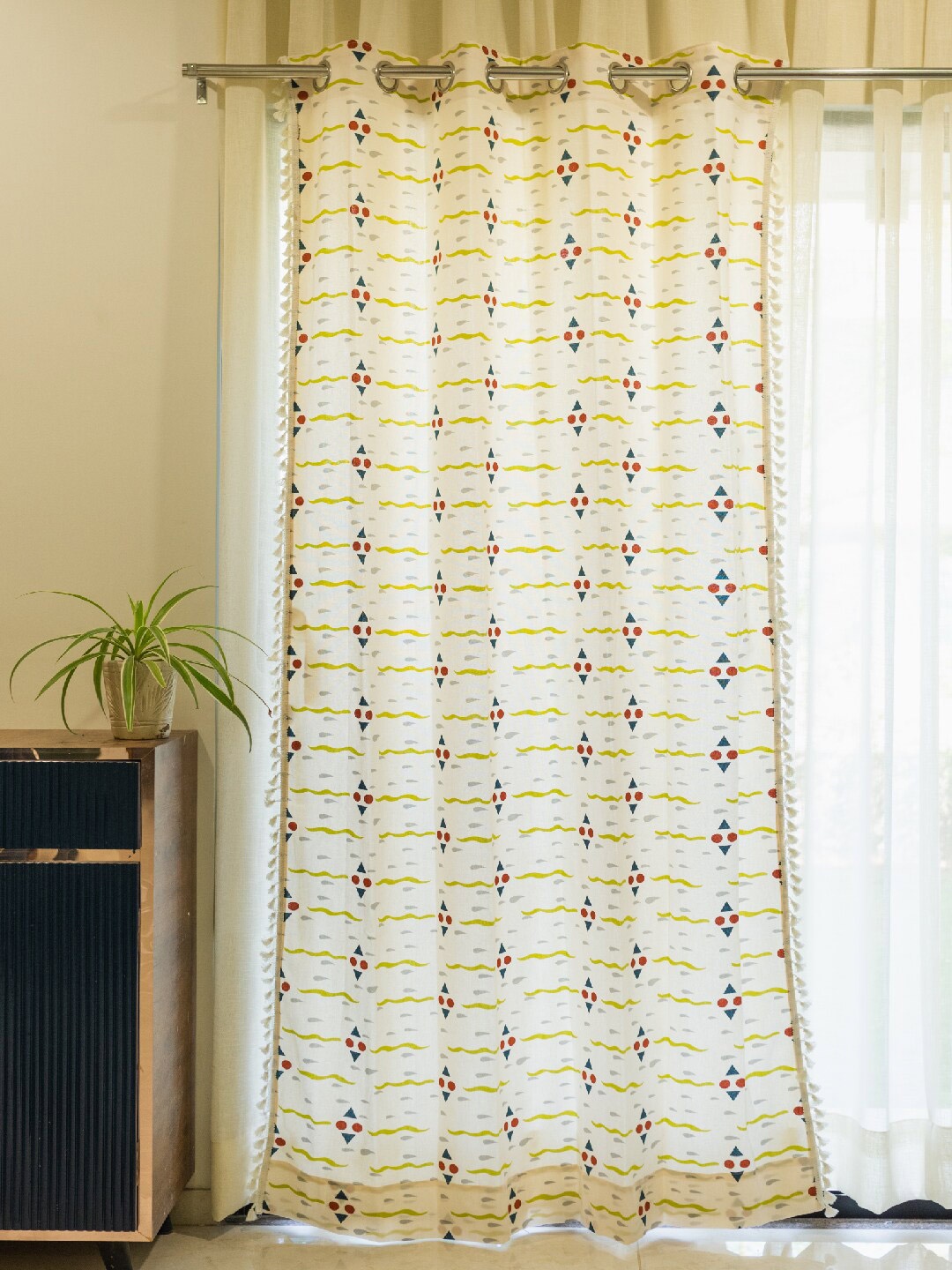 

URBAN SPACE White & Green Geometric Cotton Door Curtain