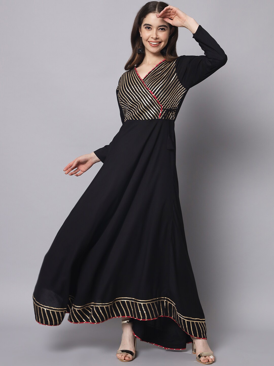 

Myshka Geometric Yoke Design Cotton Anarkali Kurta, Black