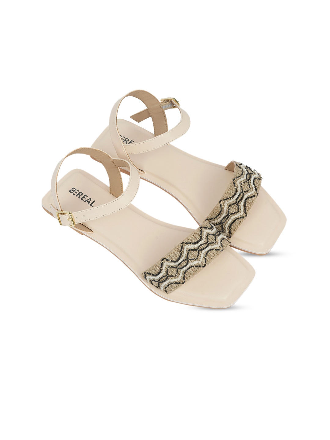 

BEREAL Woven Design Open Toe Flats, Beige