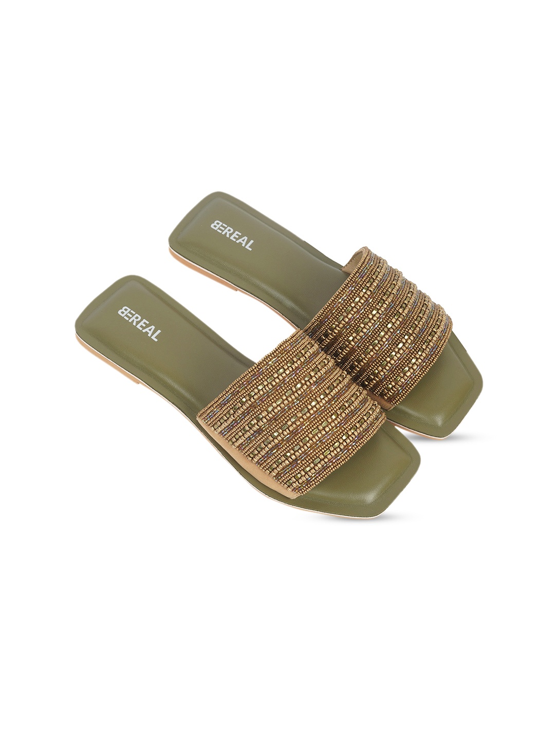 

BEREAL Embellished Open Toe Flats, Olive