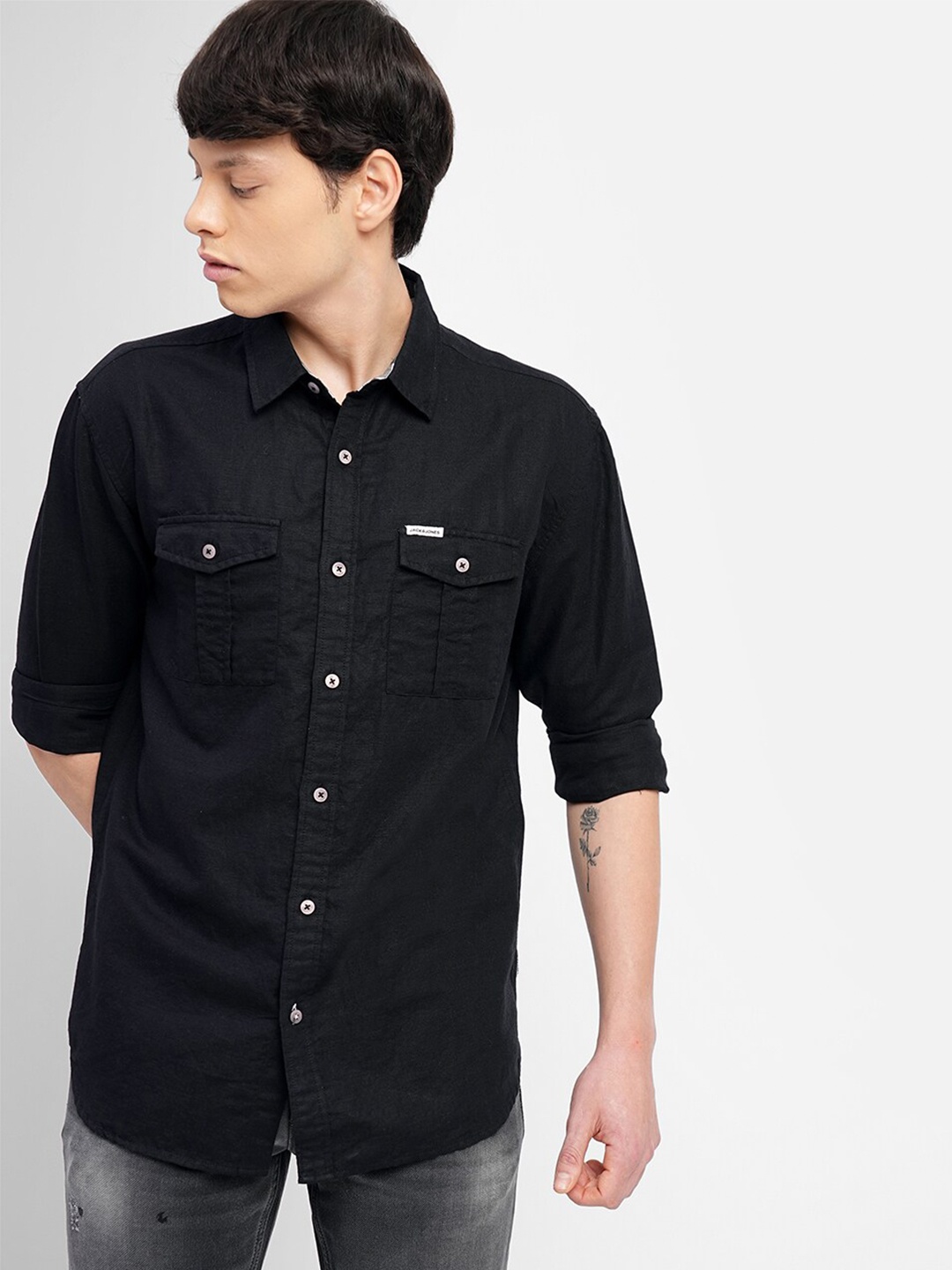 

Jack & Jones Spread Collar Cotton Slim Fit Casual Shirt, Black