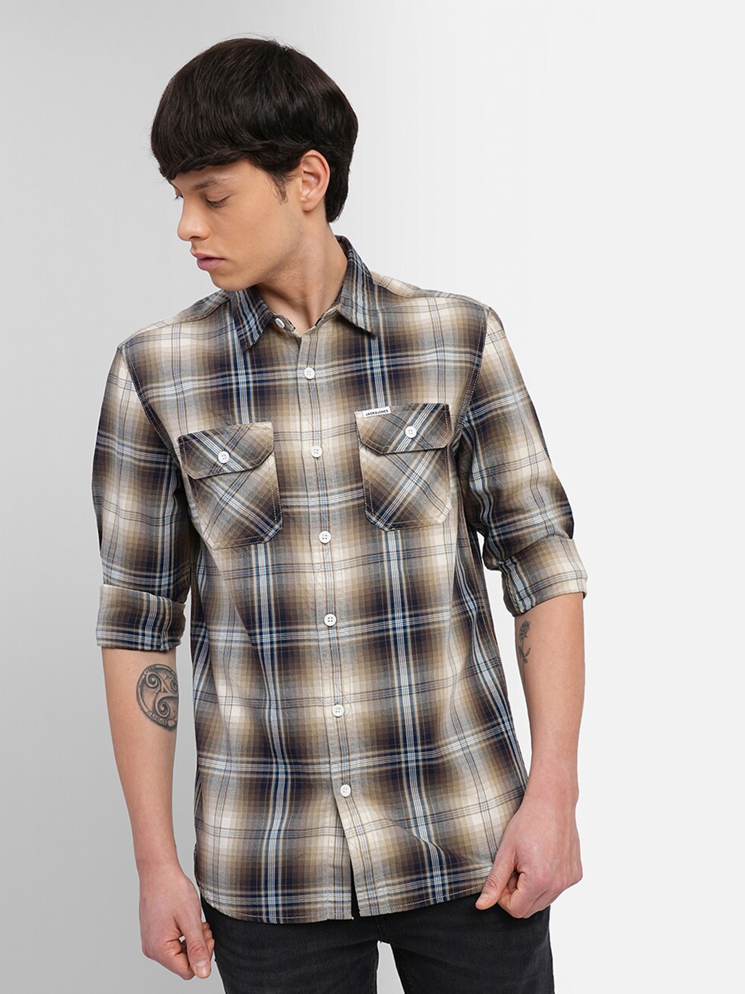 

Jack & Jones Tartan Checks Cotton Slim Fit Casual Shirt, Brown