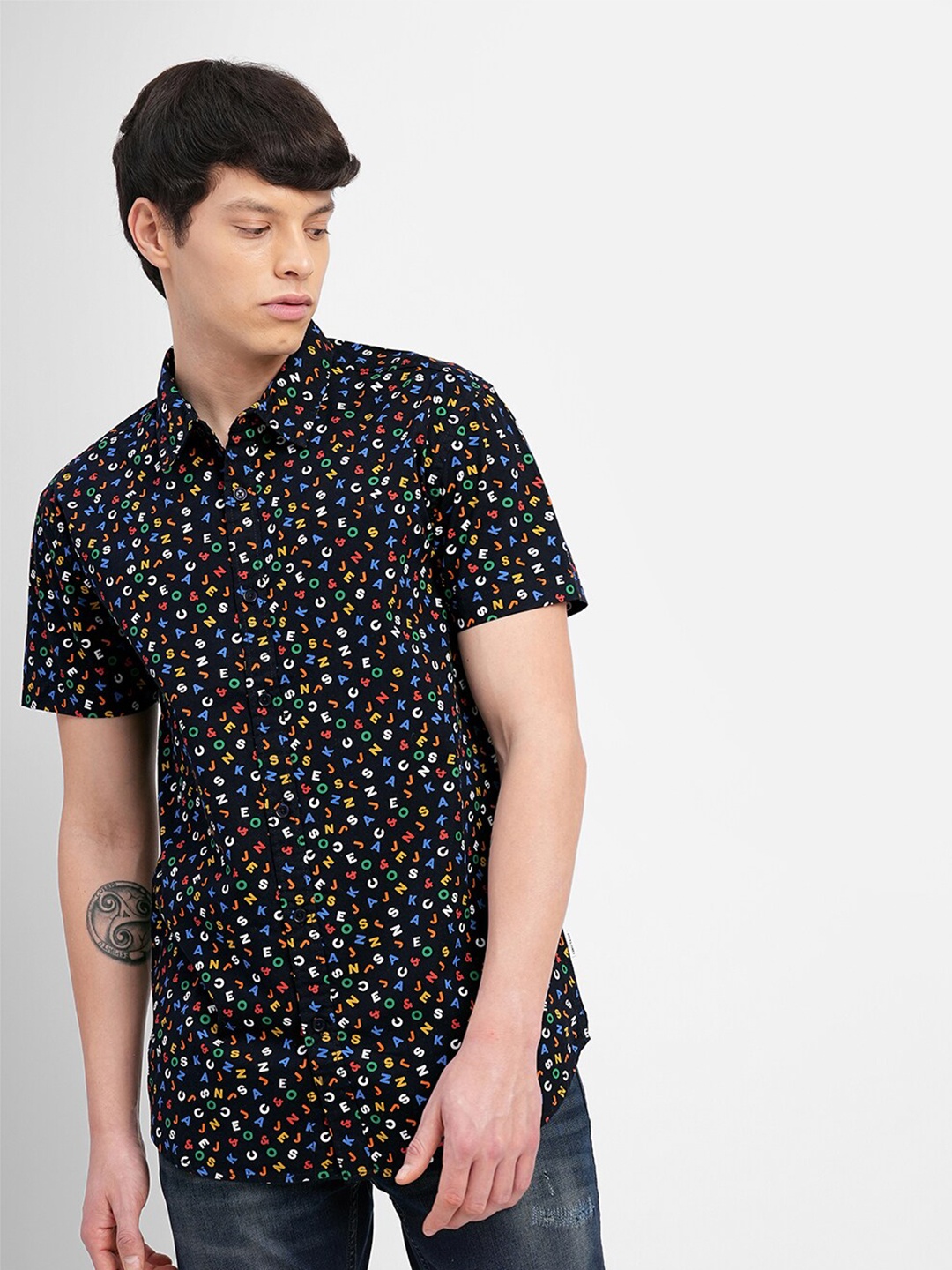 

Jack & Jones Typography Printed Cotton Slim Fit Casual Shirt, Black
