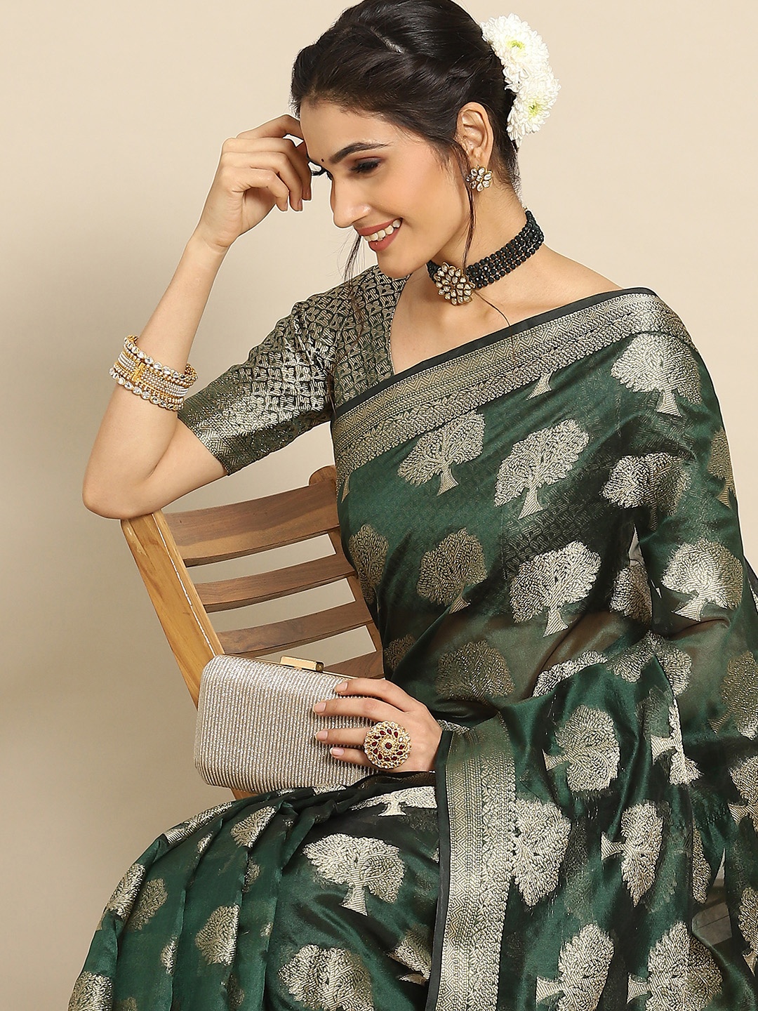 

Mitera Ethnic Motifs Zari Organza Banarasi Saree, Green