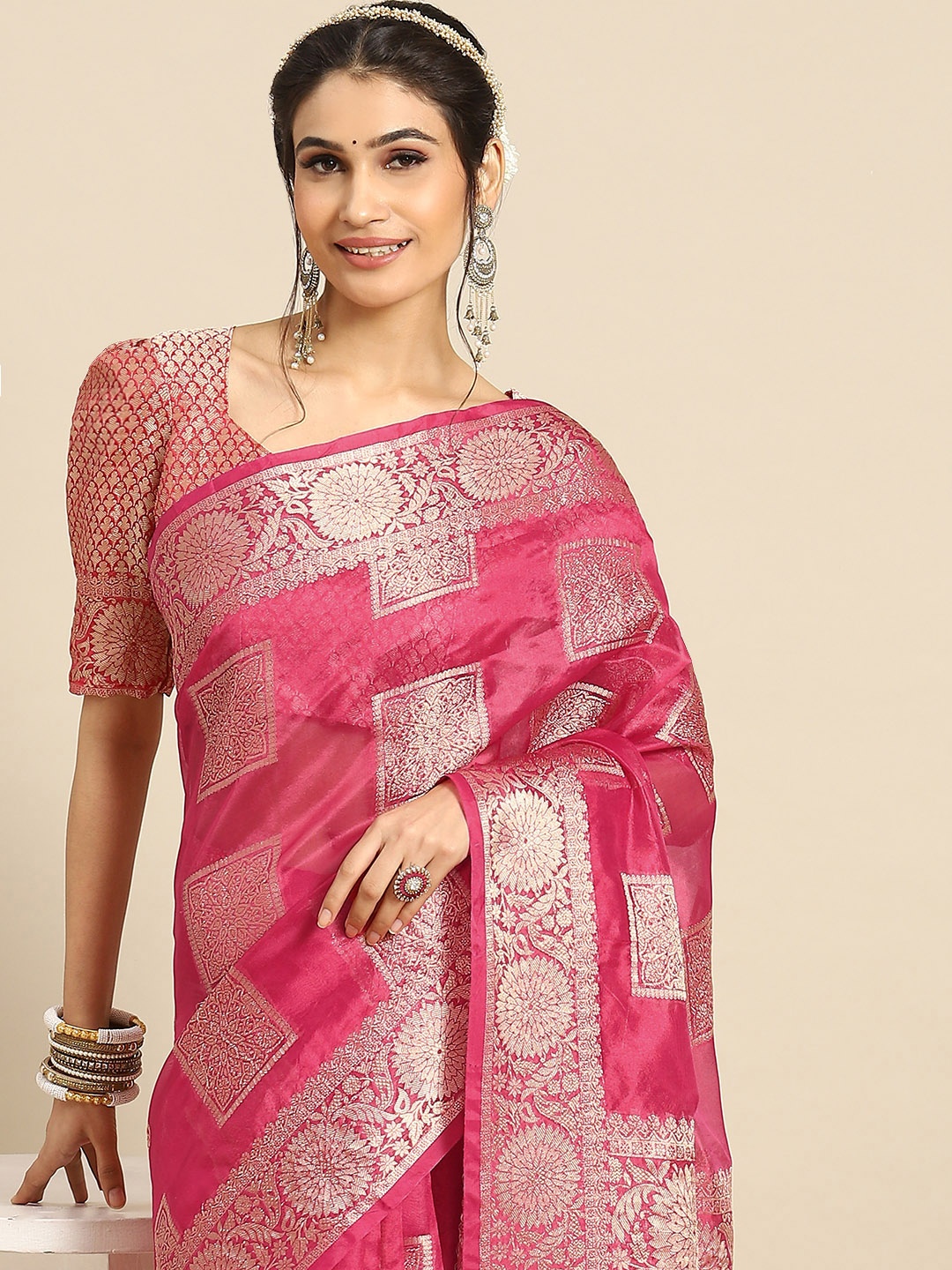 

Mitera Zari Organza Banarasi Saree, Magenta
