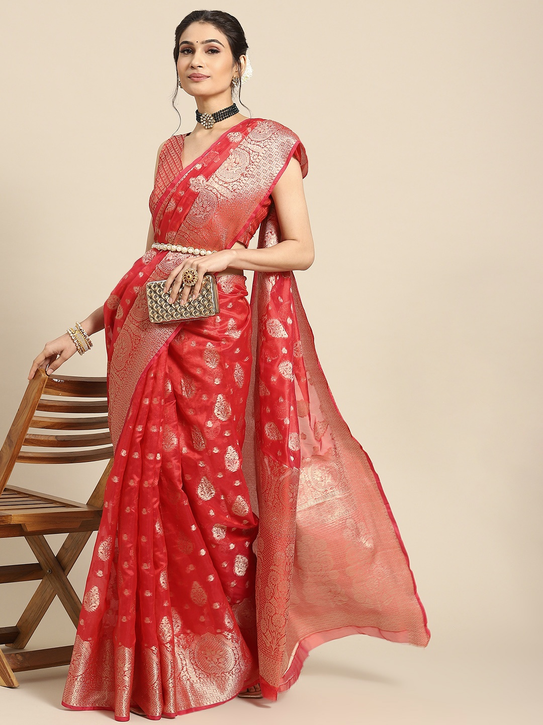 

Mitera Ethnic Motifs Zari Organza Banarasi Saree, Red