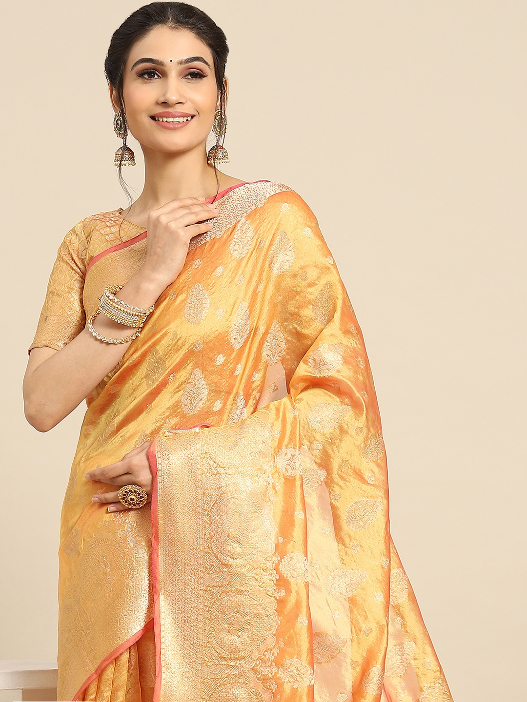 

Mitera Ethnic Motifs Zari Organza Banarasi Saree, Yellow