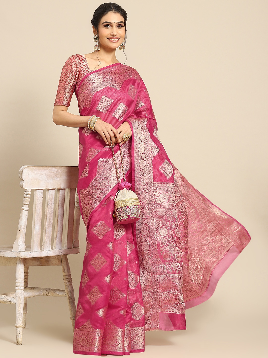 

Mitera Zari Organza Banarasi Saree, Magenta