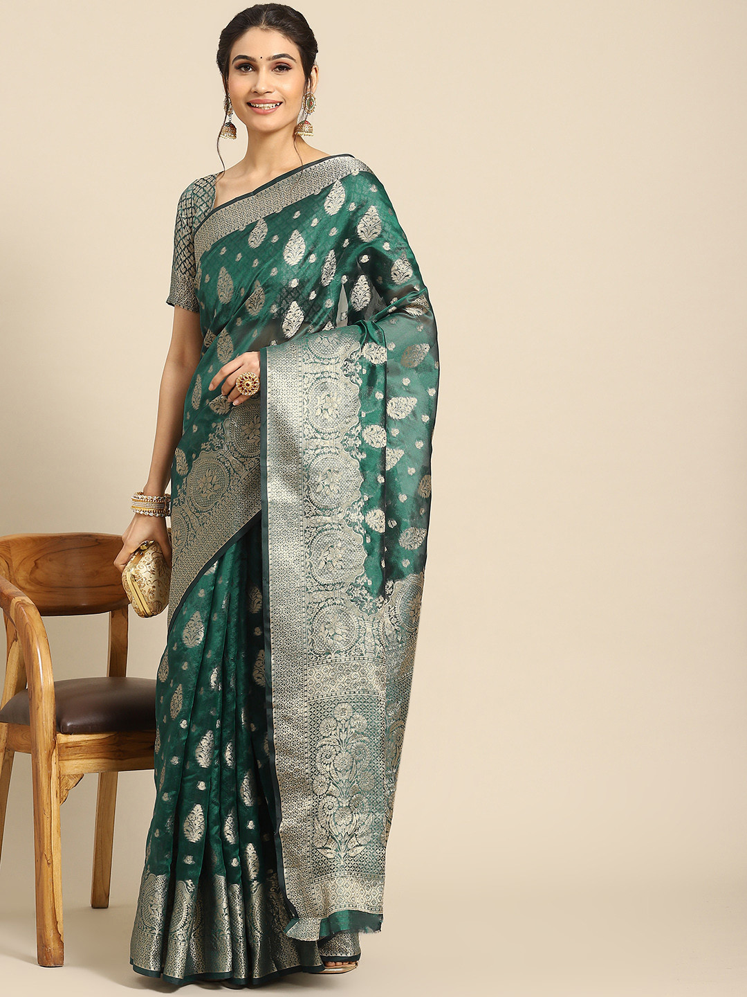 

Mitera Ethnic Motifs Zari Organza Banarasi Saree, Green