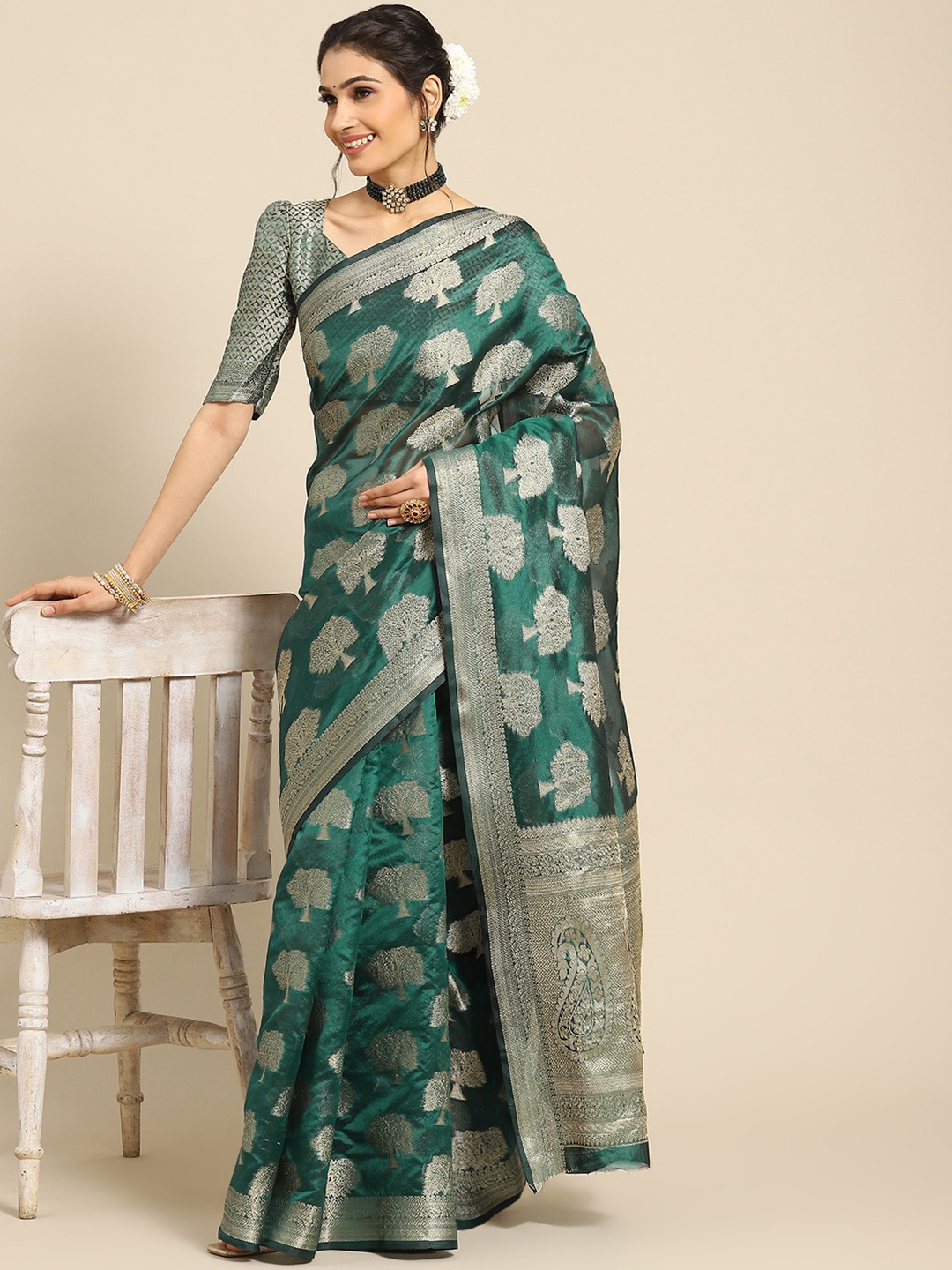 

Mitera Ethnic Motifs Zari Organza Banarasi Saree, Green