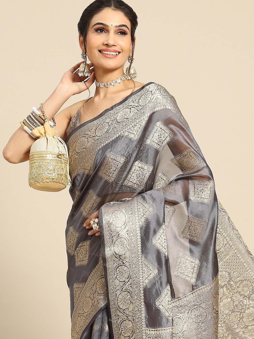 

Mitera Zari Organza Banarasi Saree, Grey