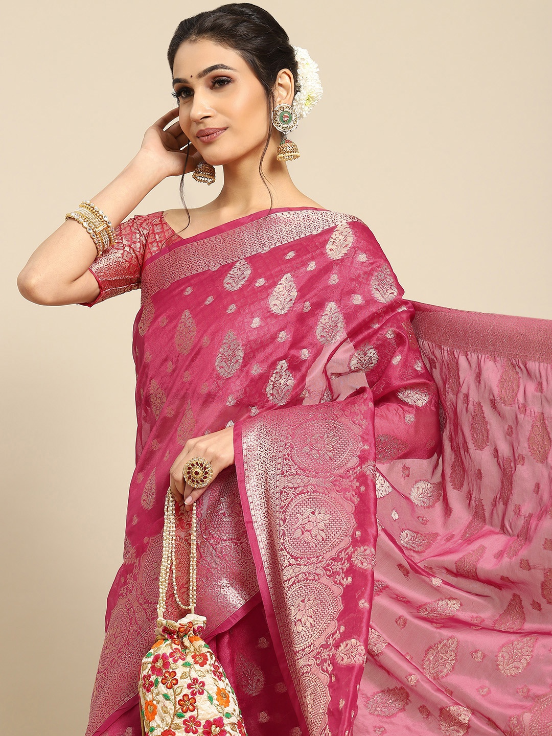 

Mitera Ethnic Motifs Zari Organza Banarasi Saree, Magenta