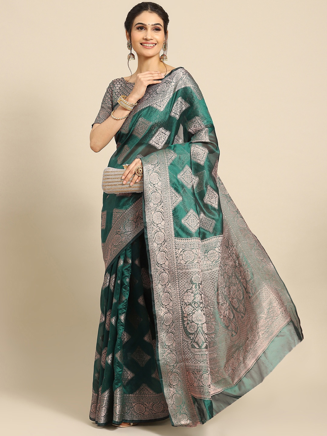 

Mitera Ethnic Motifs Zari Organza Banarasi Saree, Green