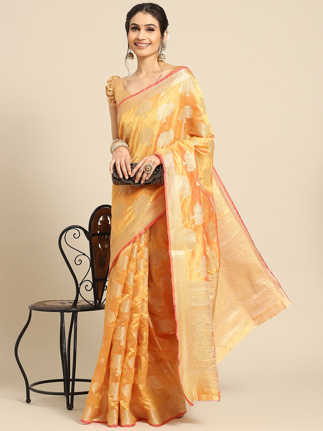 

Mitera Ethnic Motifs Zari Organza Banarasi Saree, Yellow