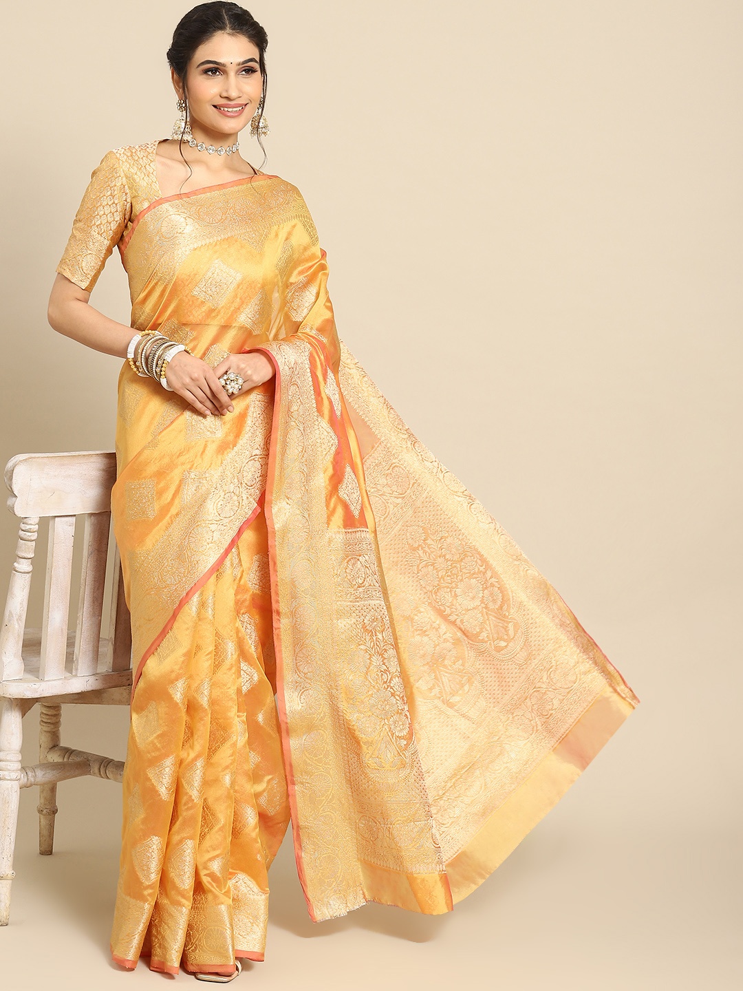 

Mitera Zari Organza Banarasi Saree, Yellow