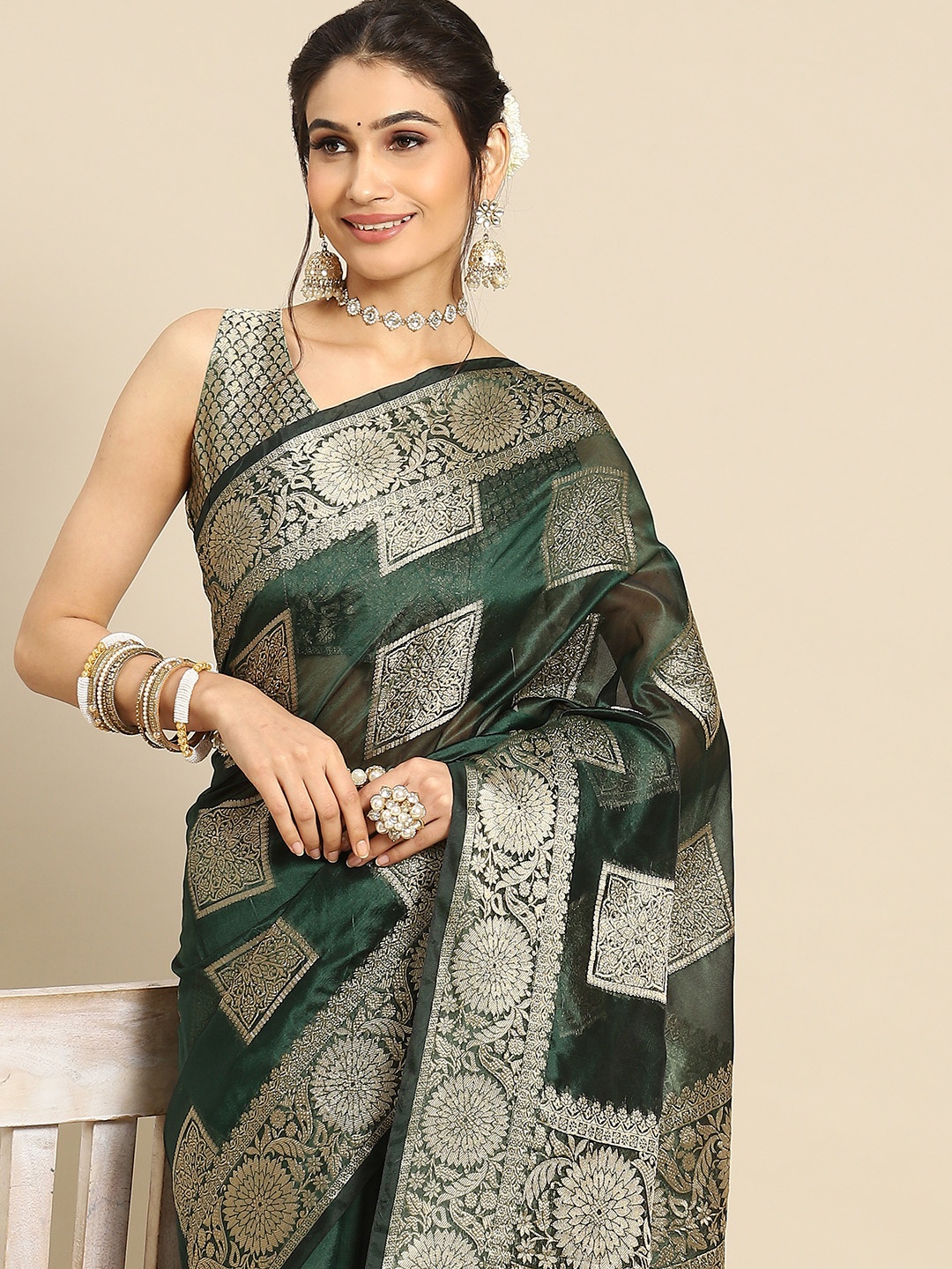 

Mitera Ethnic Motifs Zari Organza Banarasi Saree, Green