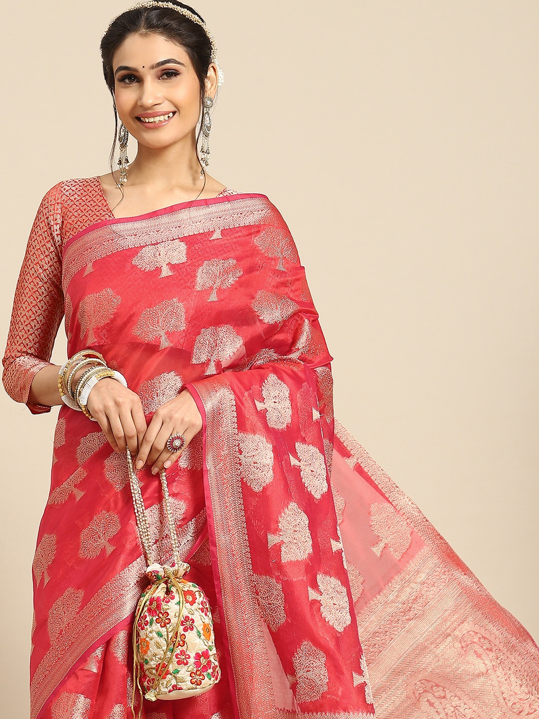 

Mitera Ethnic Motifs Zari Organza Banarasi Saree, Red