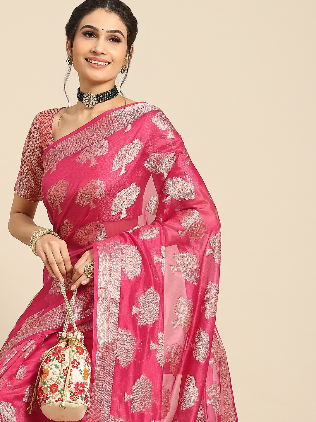 

Mitera Ethnic Motifs Zari Organza Banarasi Saree, Magenta