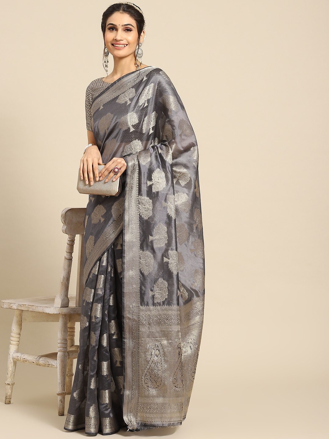 

Mitera Ethnic Motifs Zari Organza Banarasi Saree, Grey