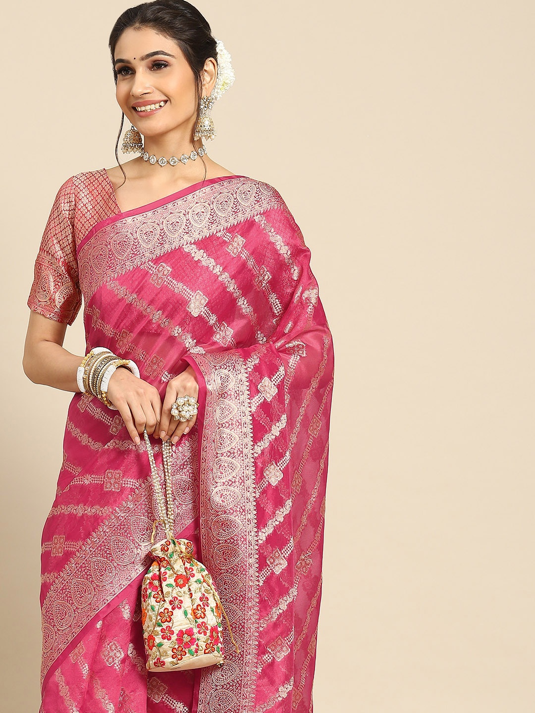 

Mitera Striped Zari Organza Banarasi Saree, Magenta