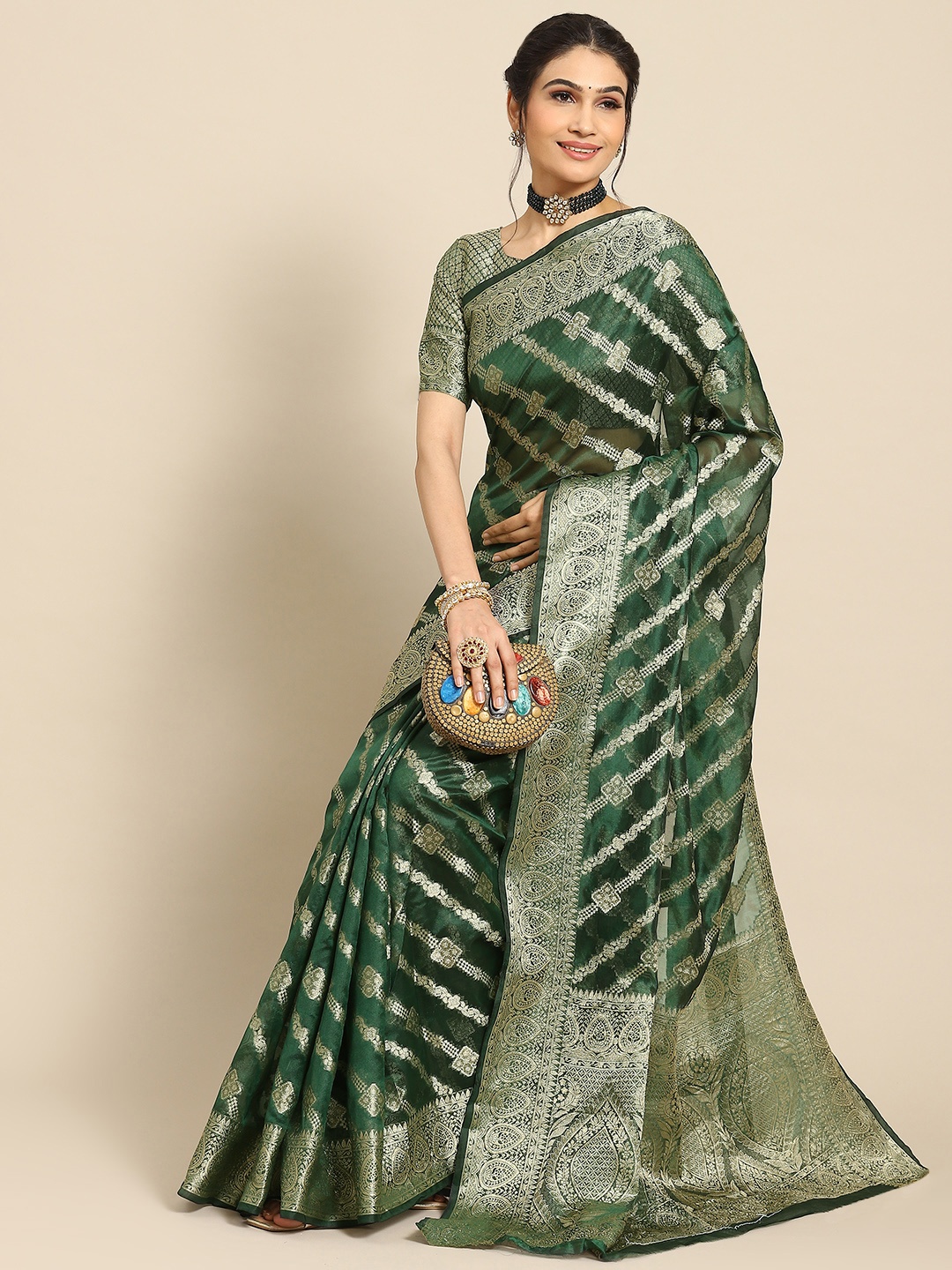 

Mitera Striped Zari Organza Banarasi Saree, Green