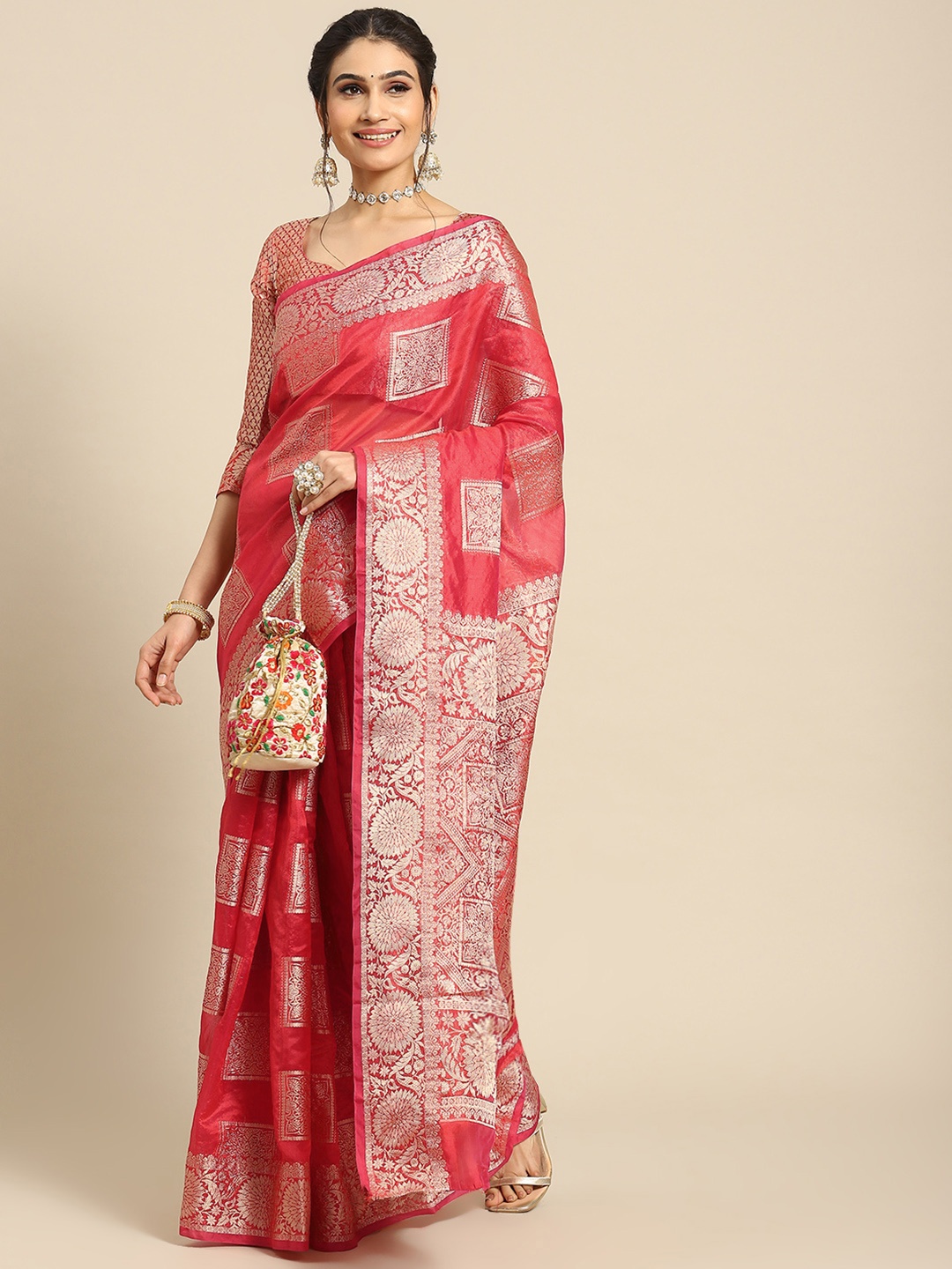 

Mitera Zari Organza Banarasi Saree, Red
