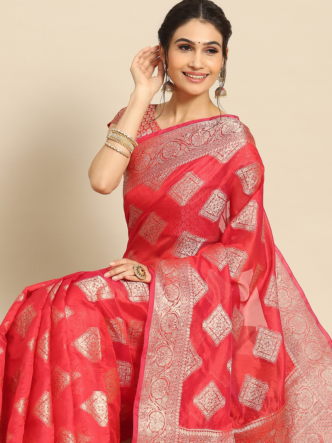 

Mitera Zari Organza Banarasi Saree, Red