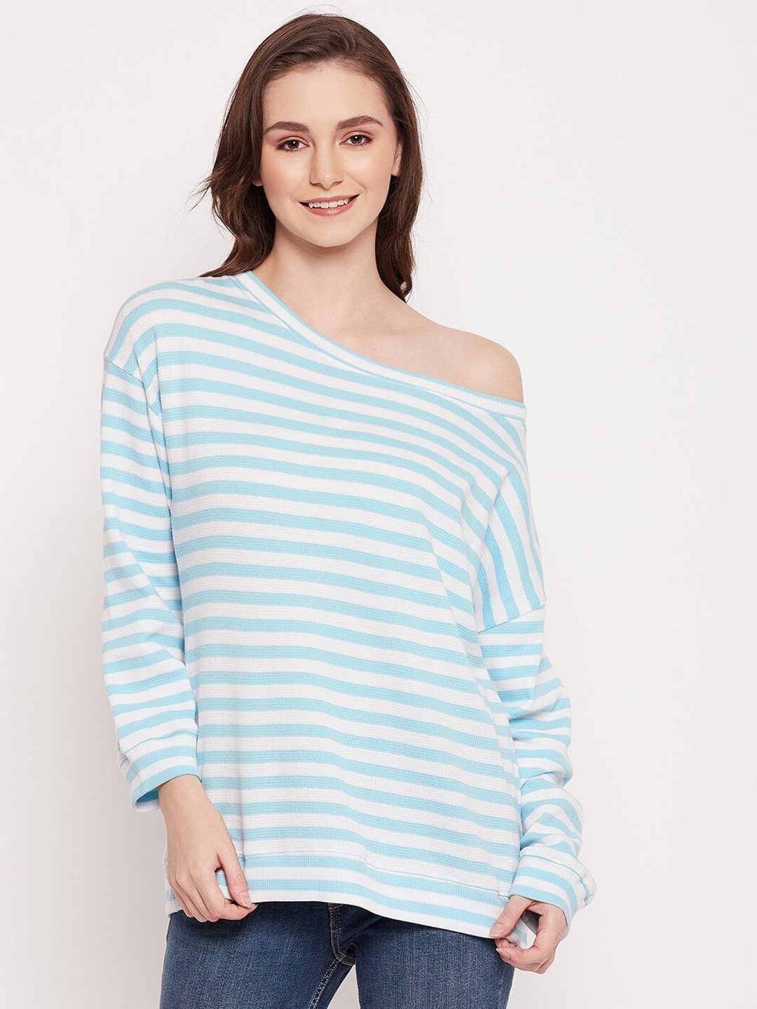 

CHILL WINSTON Striped Off Shoulder Dry Fit Cotton Sweatshirt, Blue