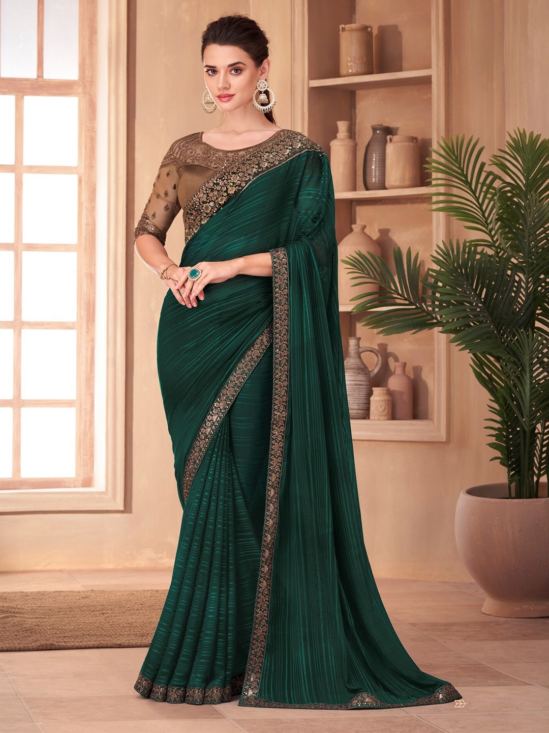 

Mitera Striped Embroidered Saree, Green