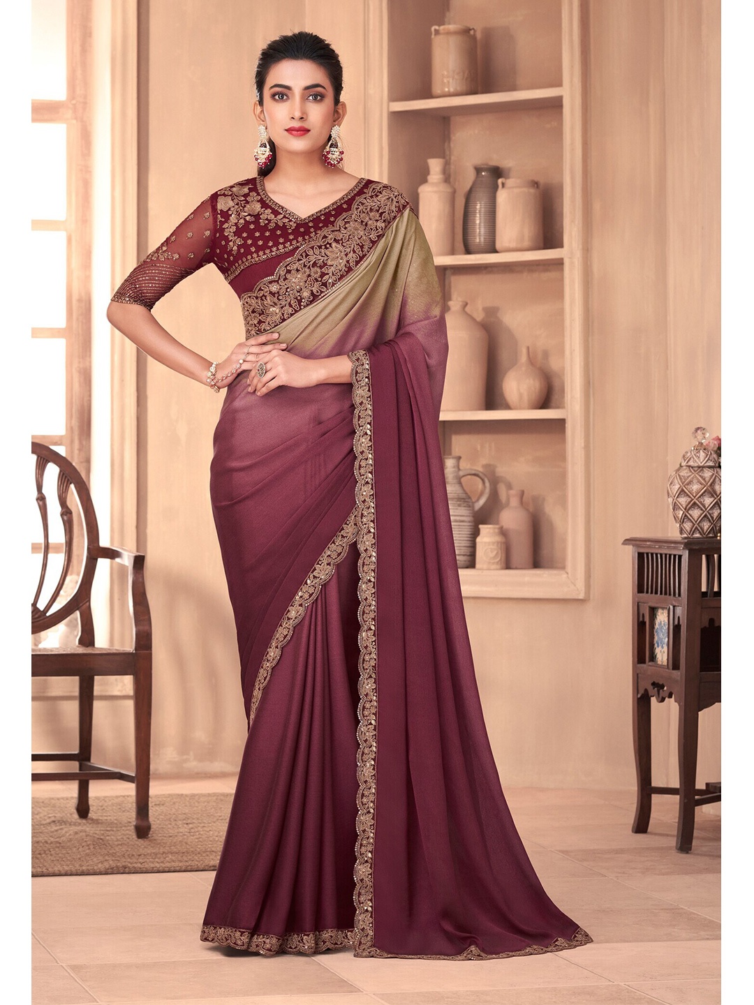 

Mitera Ombre Embroidered Border Silk Blend Saree, Pink