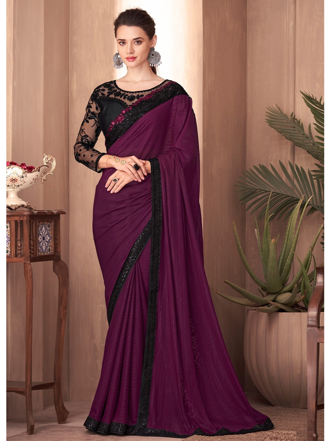 

Mitera Striped Embroidered Border Silk Blend Saree, Purple