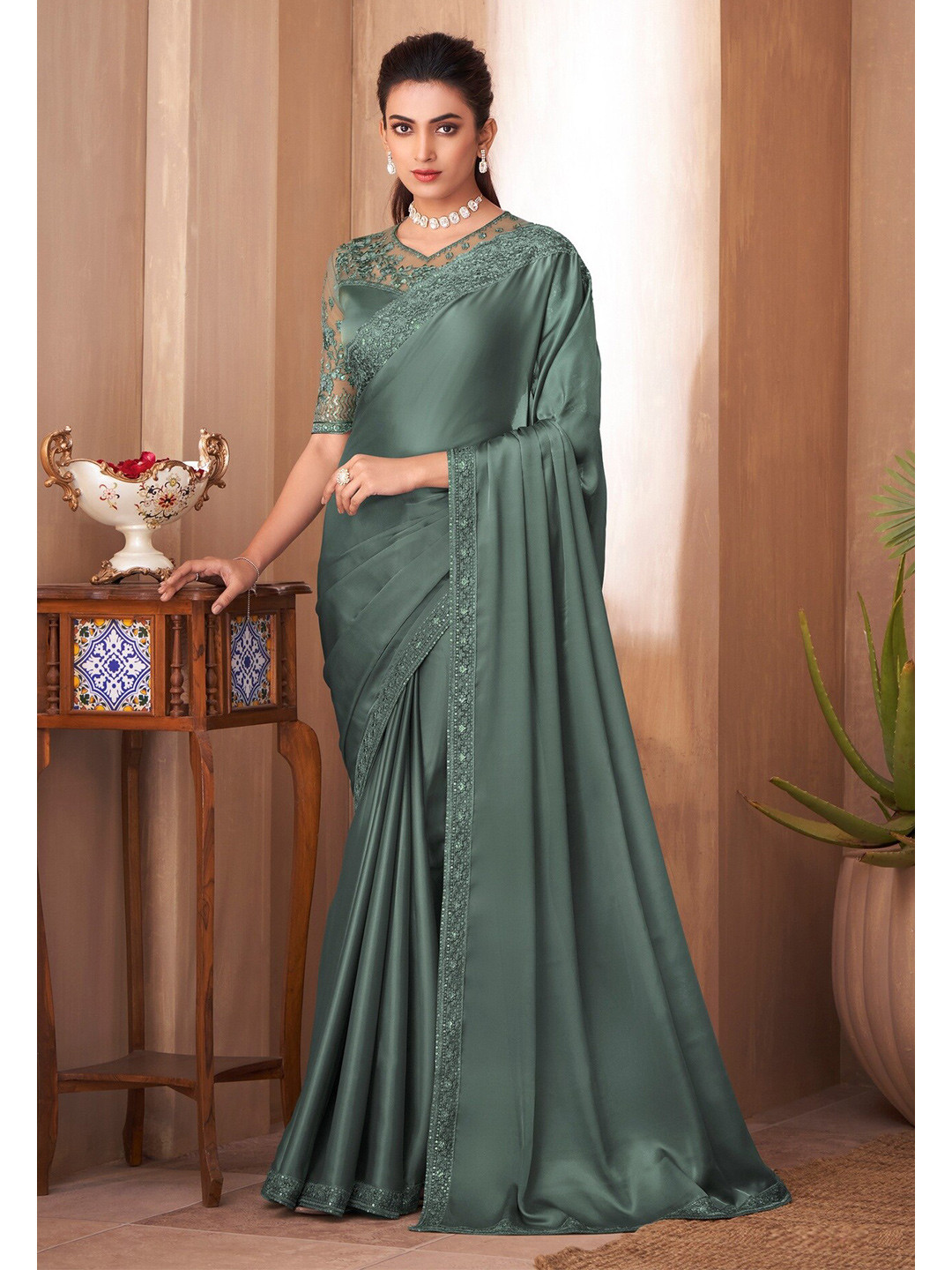 

Mitera Embroidered Border Silk Blend Saree, Green