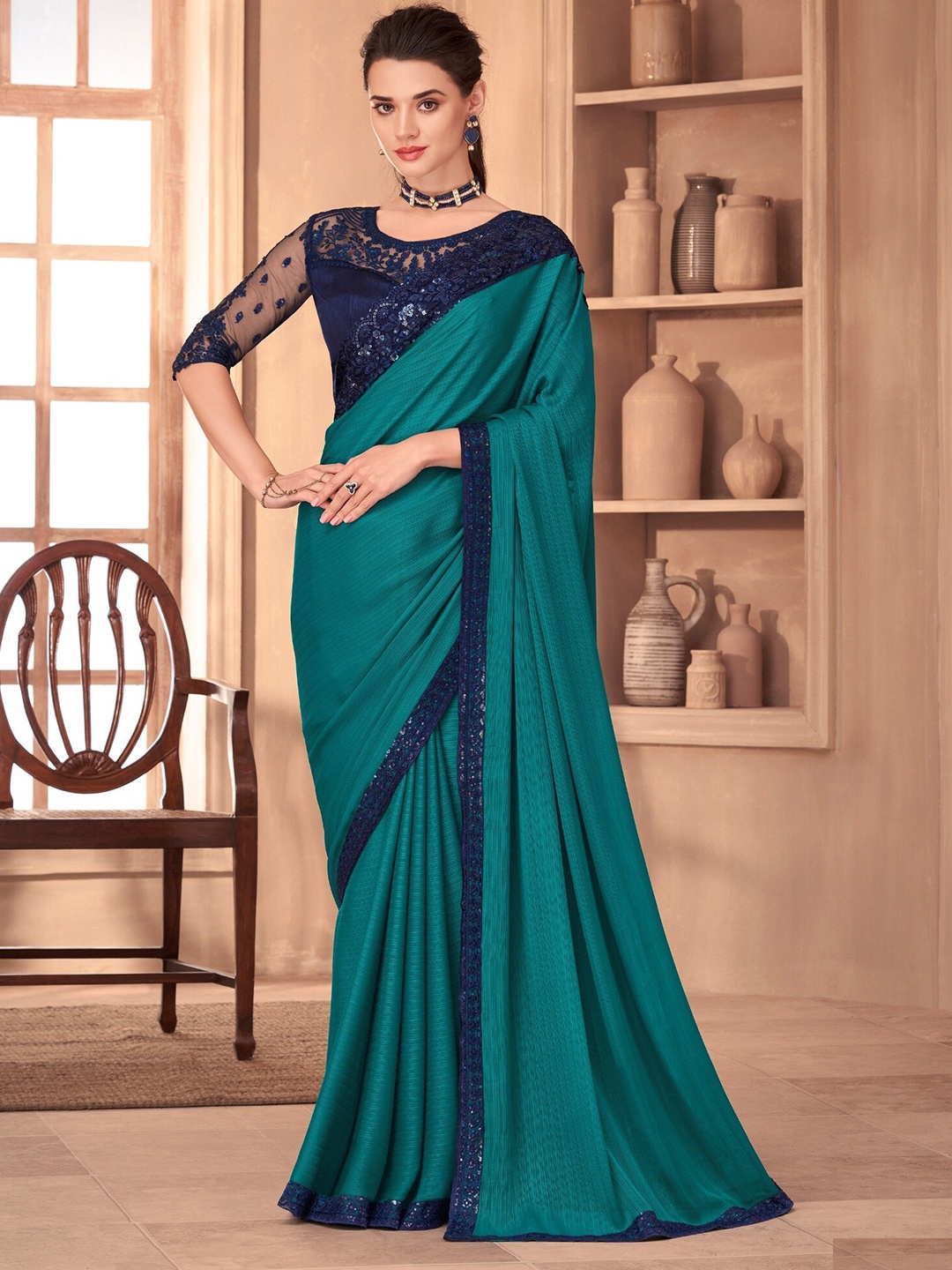 

Mitera Embroidered Border Silk Blend Saree, Green