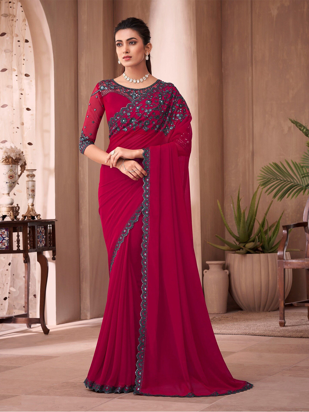 

Mitera Embroidered Sequinned Saree, Pink
