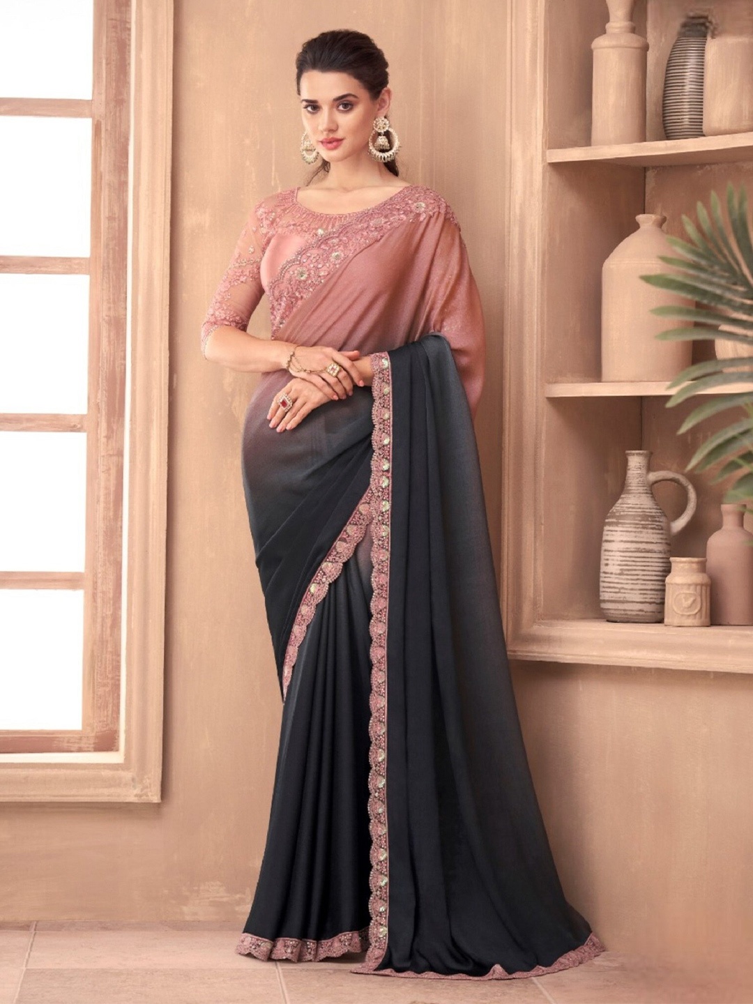 

Mitera Ombre Embroidered Border Silk Blend Saree, Black