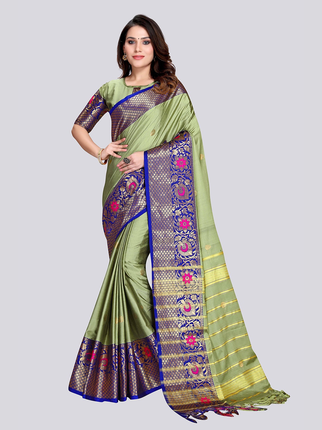 

VENISA Floral Woven Design Zari Silk Cotton Saree, Green