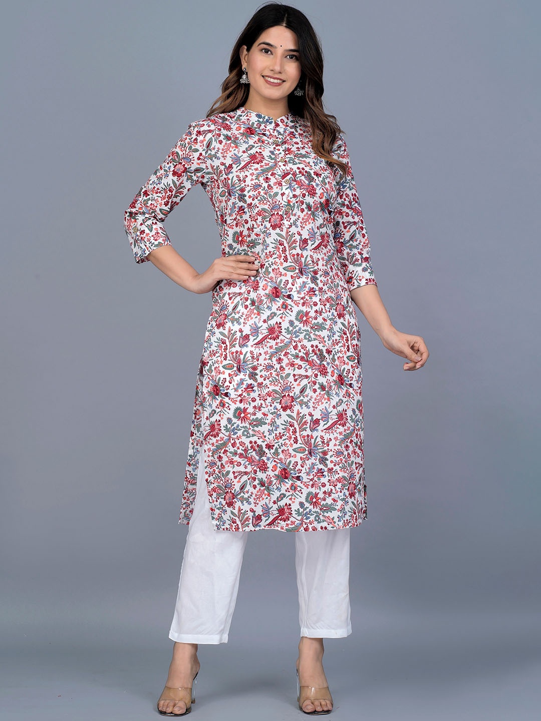 

KALINI Floral Printed Band Collar Pure Cotton Straight Kurta, White
