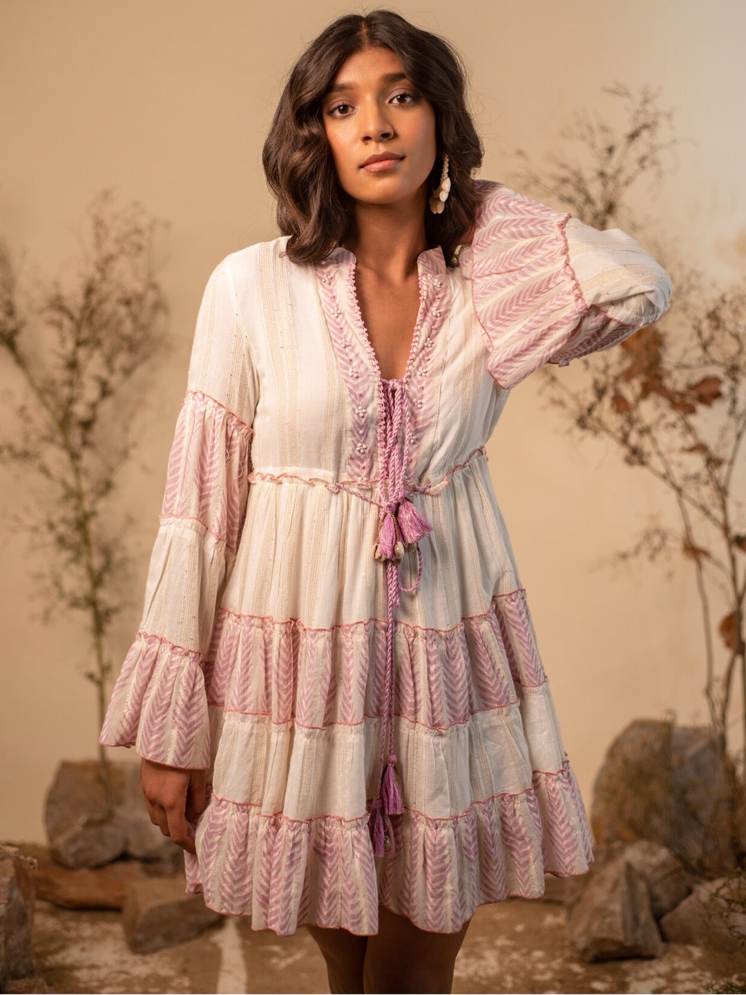 

Label Reyya Floral Embroidered Fit & Flare Dress, Off white
