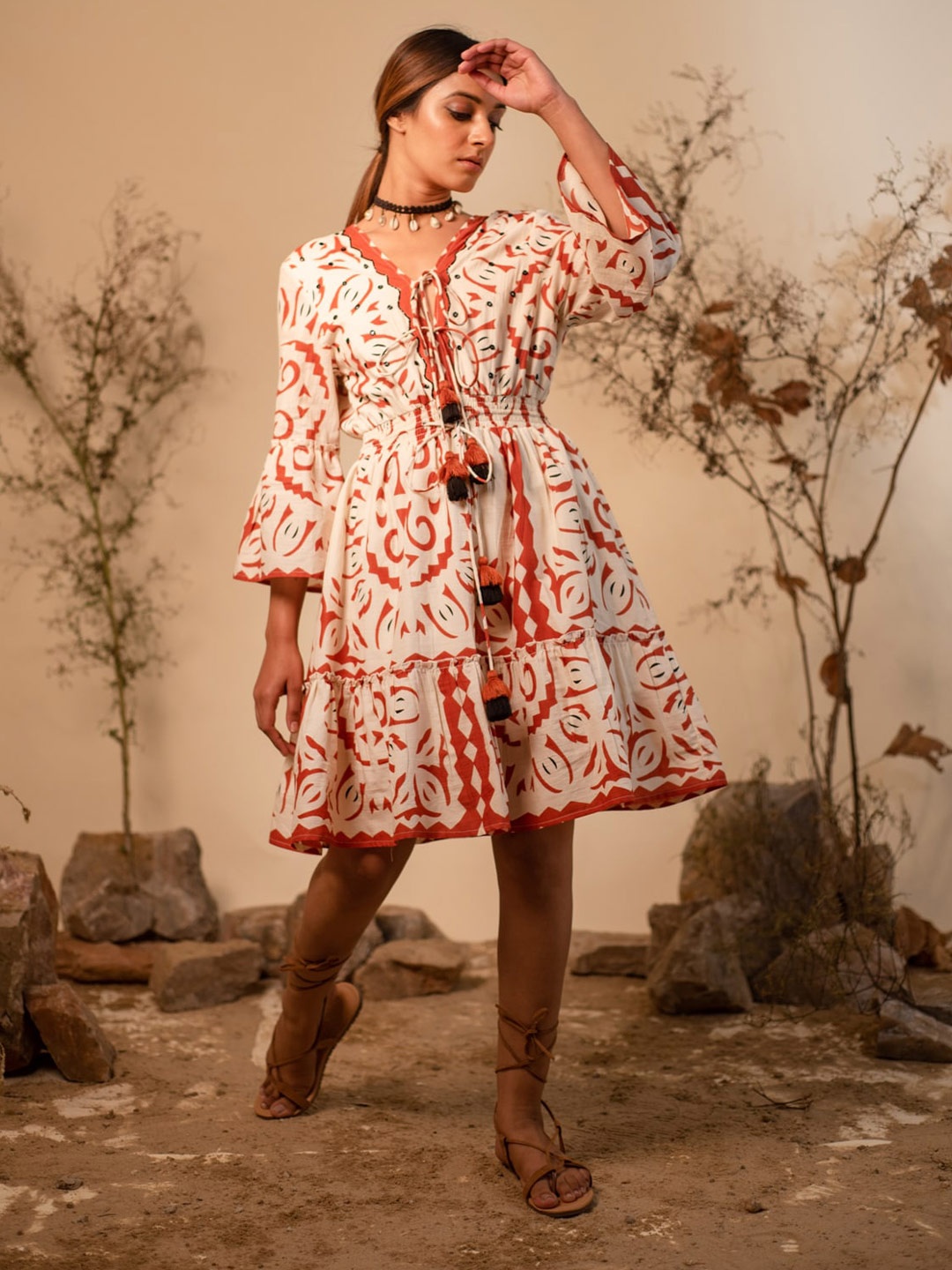

Label Reyya Ethnic Motifs Printed V Neck Cotton Fit & Flare Dress, Beige
