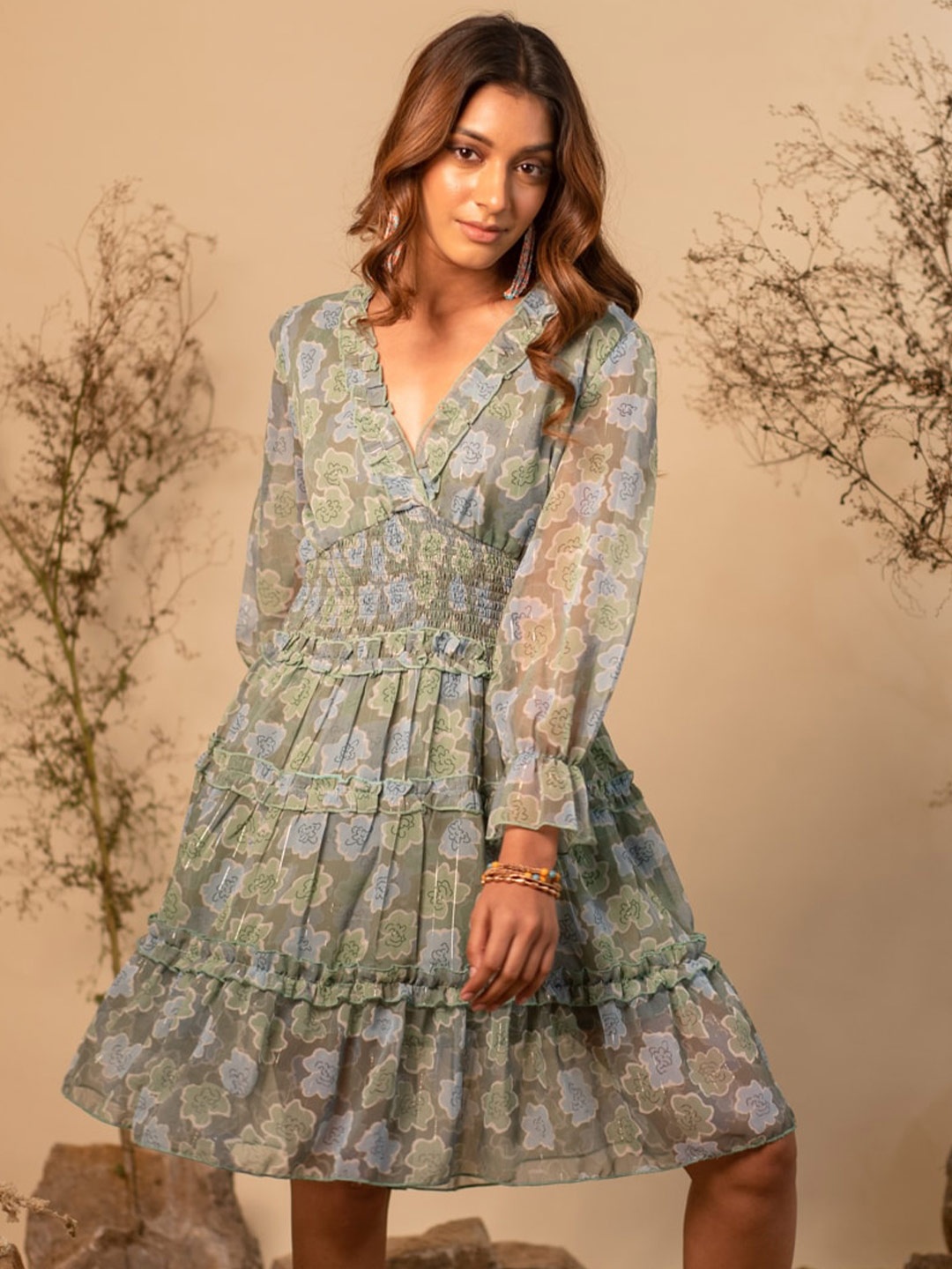 

Label Reyya Floral Printed Fit & Flare Dress, Green