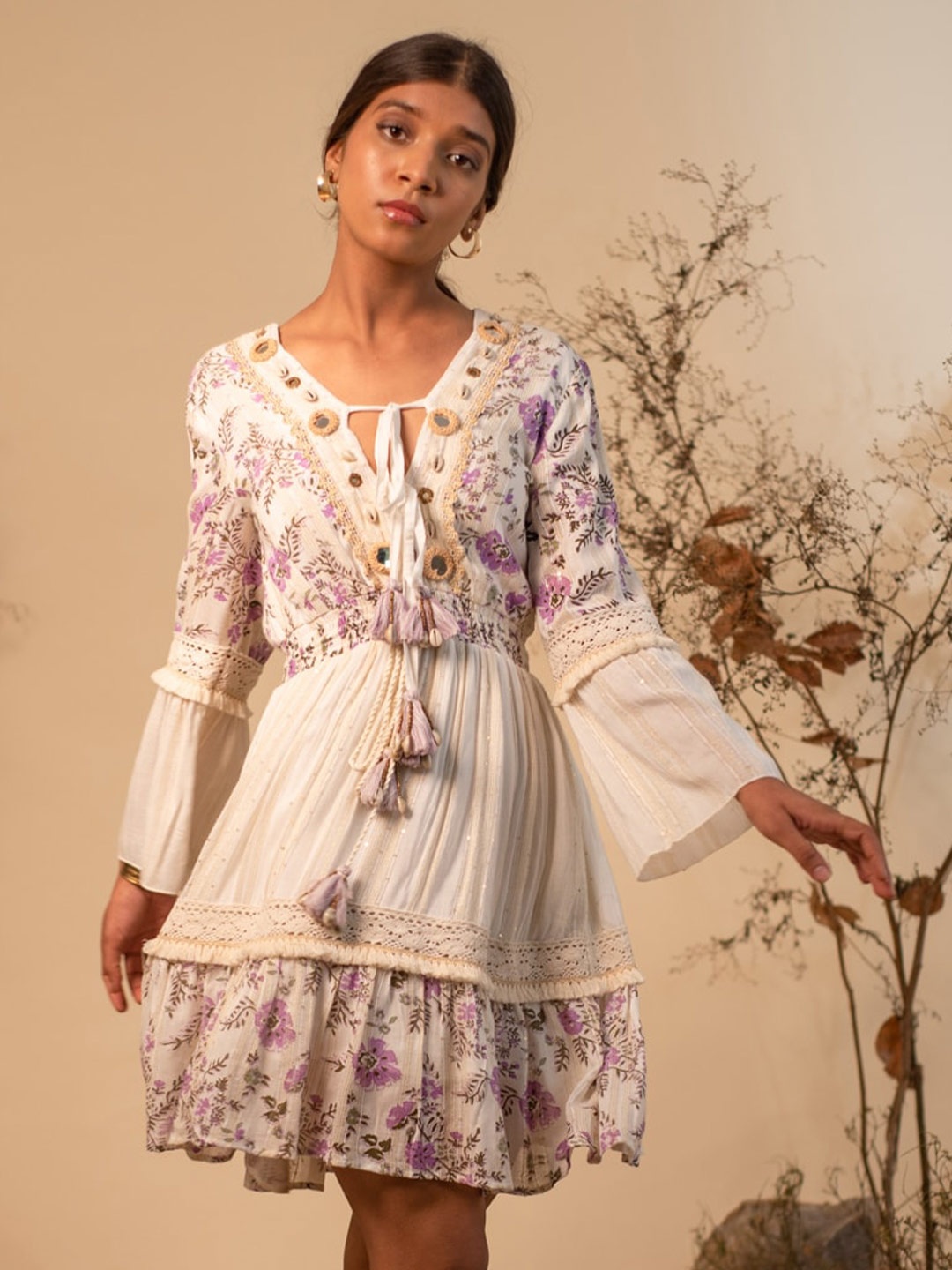 

Label Reyya Ethnic Motifs Printed Tie-Up Neck Flared Sleeve A-Line Dress, White