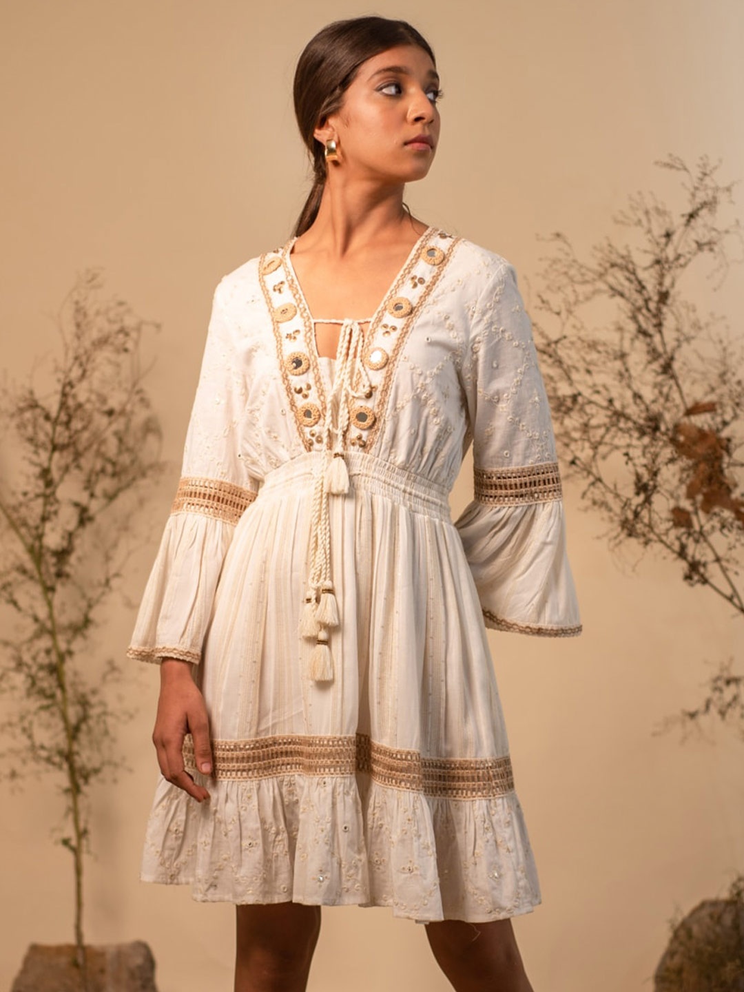

Label Reyya Ethnic Motif Embroidered Embellished Fit & Flare Dress, Off white