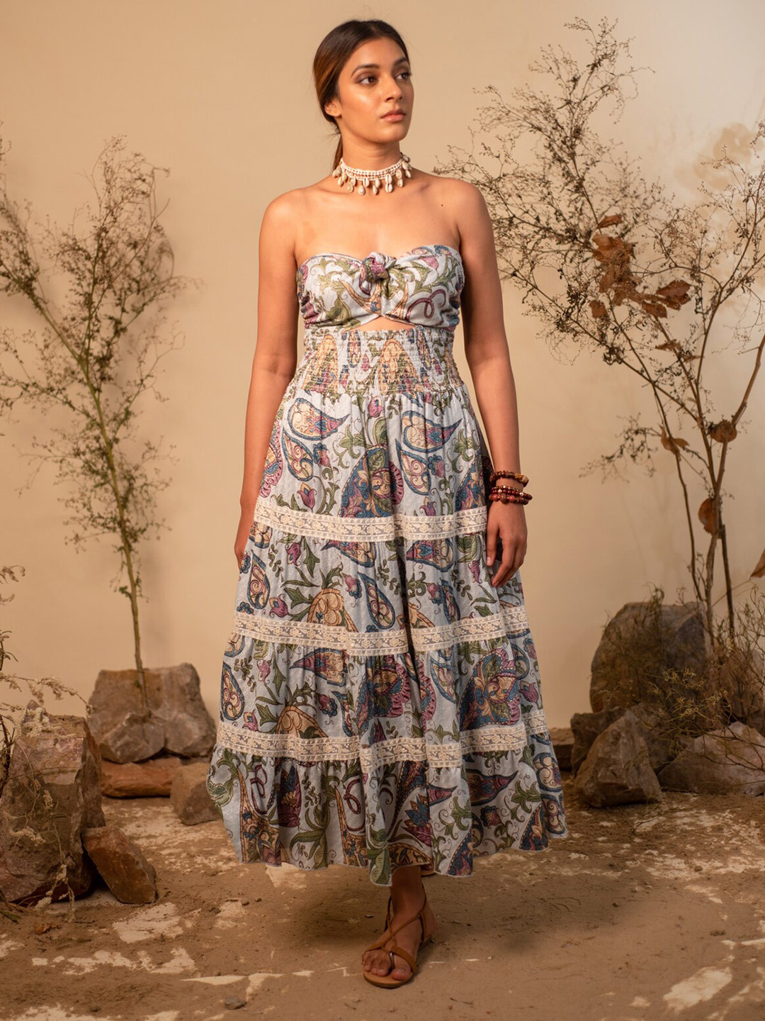

Label Reyya Strapless Ethnic Motifs Print Maxi Dress, Blue