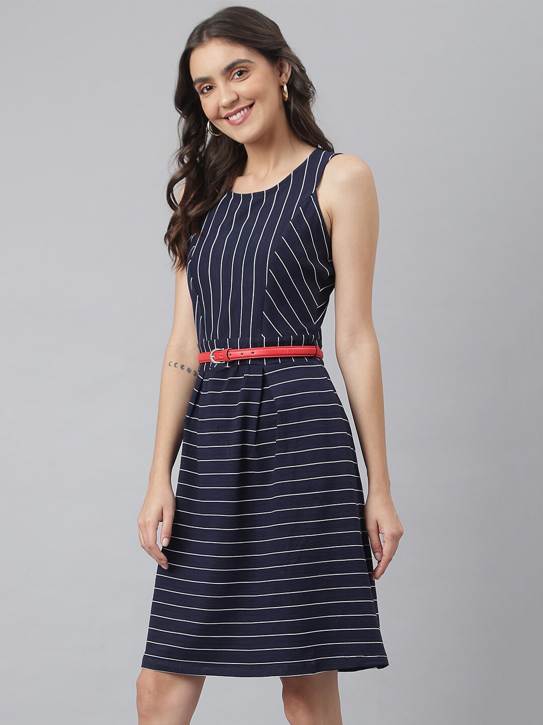 

Miss Grace Striped Sleeveless Cotton A-Line Dress, Navy blue