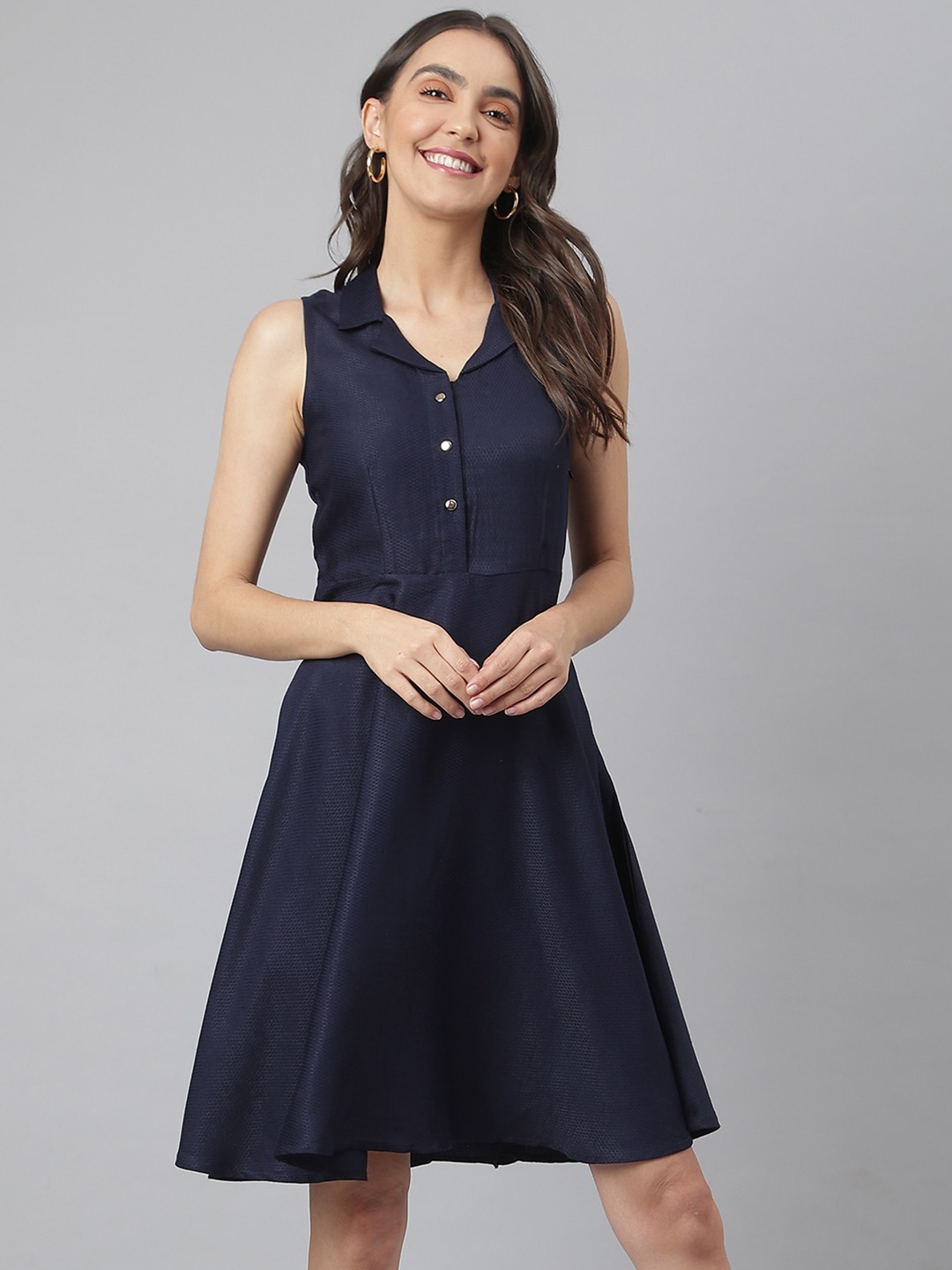 

Miss Grace Geometric Woven Design Cotton A-Line Dress, Navy blue